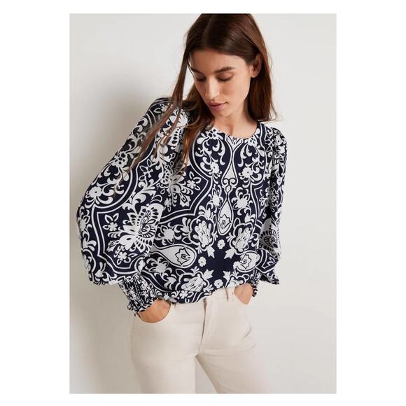 Boden Tops - Boden Navy Blue Floral Paisley Long Sleeve Smocked Cuff Blouse Sz.6 NWT